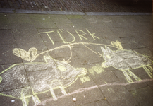 108616 Afbeelding van twee met stoepkrijt getekende varkens op het trottoir van de J.P. Coenstraat te Utrecht, met het ...